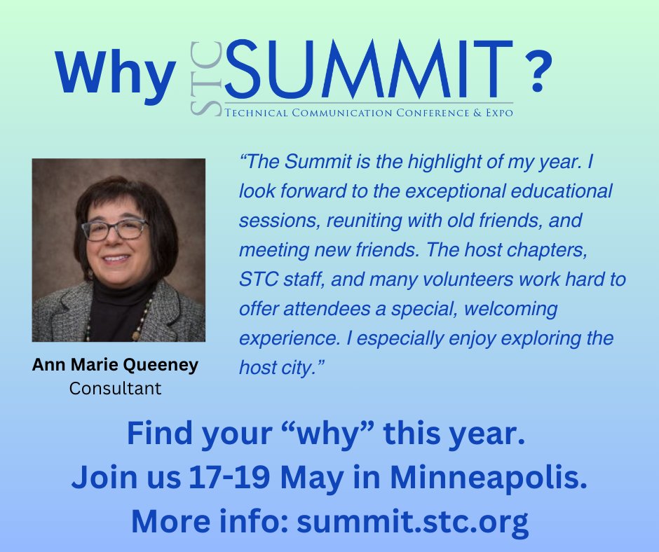 Thinking of going to the STC Summit, but trying to find your 'why?' Check out this 'why', and register for Summit to discover what those in the know go! Learn more: summit.stc.org #techcomm