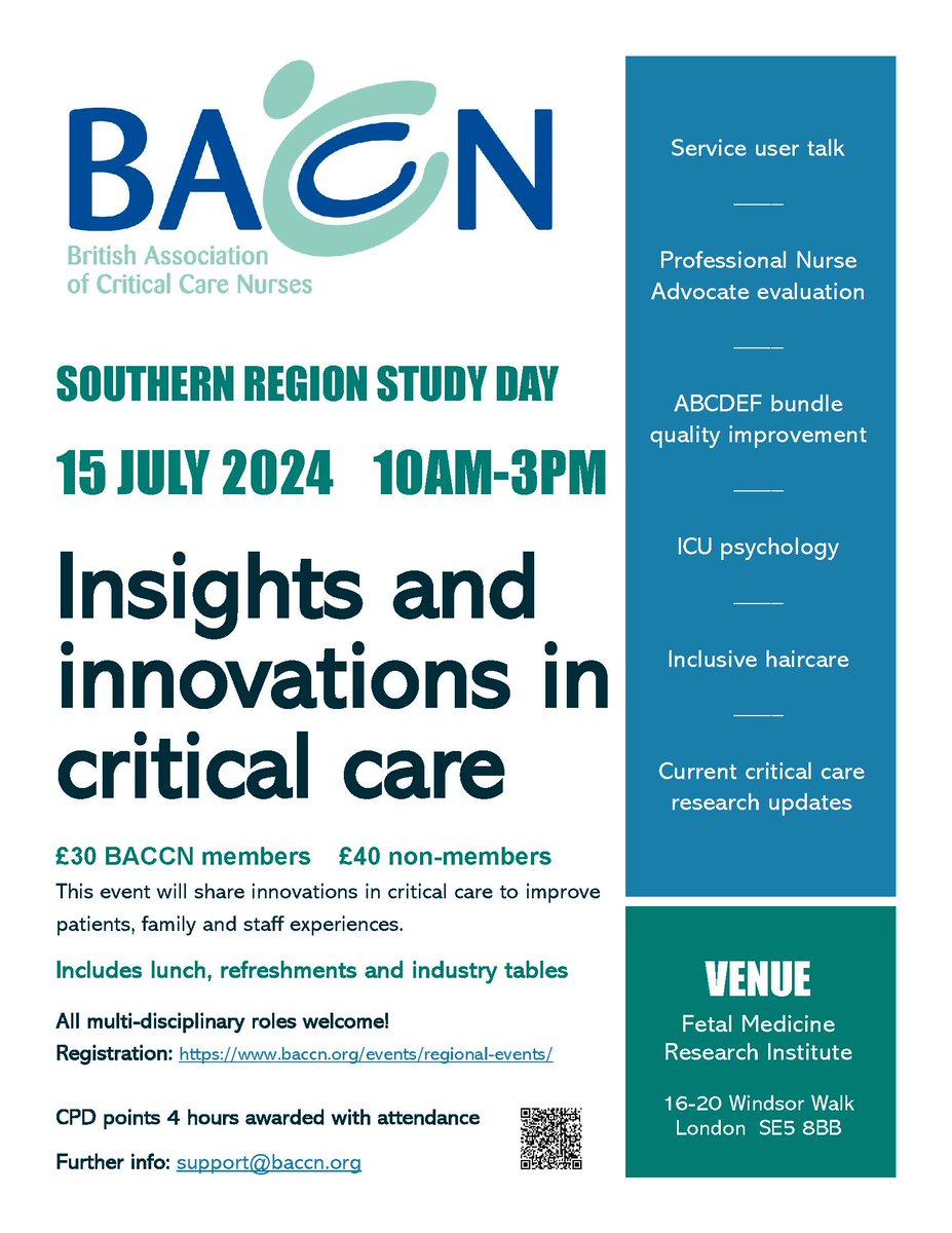 BACCN South East Region are pleased to invite you to a study day on Insights and Innovations in Critical Care on Monday 15th July 2024, 10:00 to 15:00, London. See more and book baccn.org/meeting-bookin…