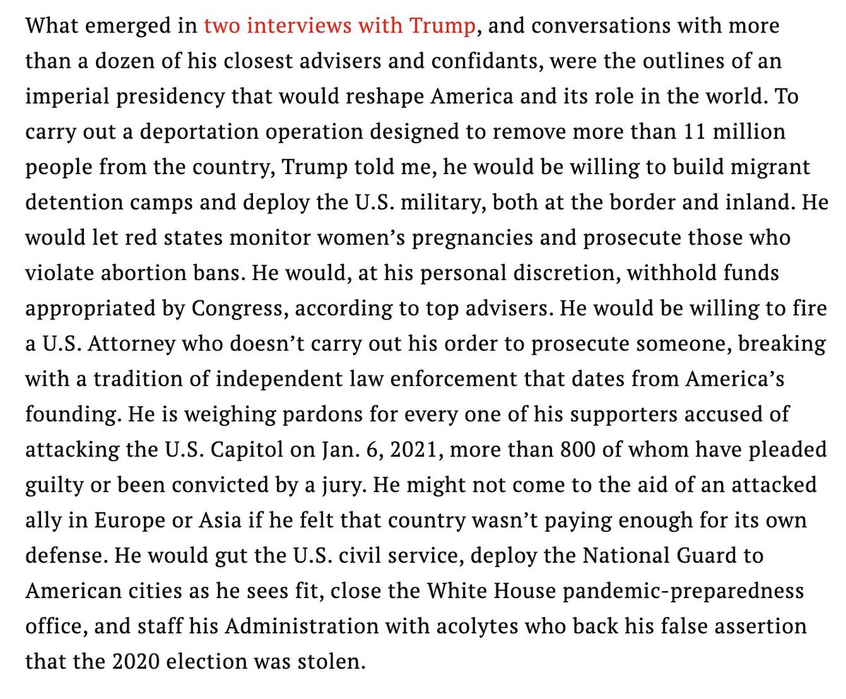 Este párrafo de la entrevista de @TIME con Trump: el blueprint de su eventual segunda presidencia, incluida la deportación de 11 millones de inmigrantes.