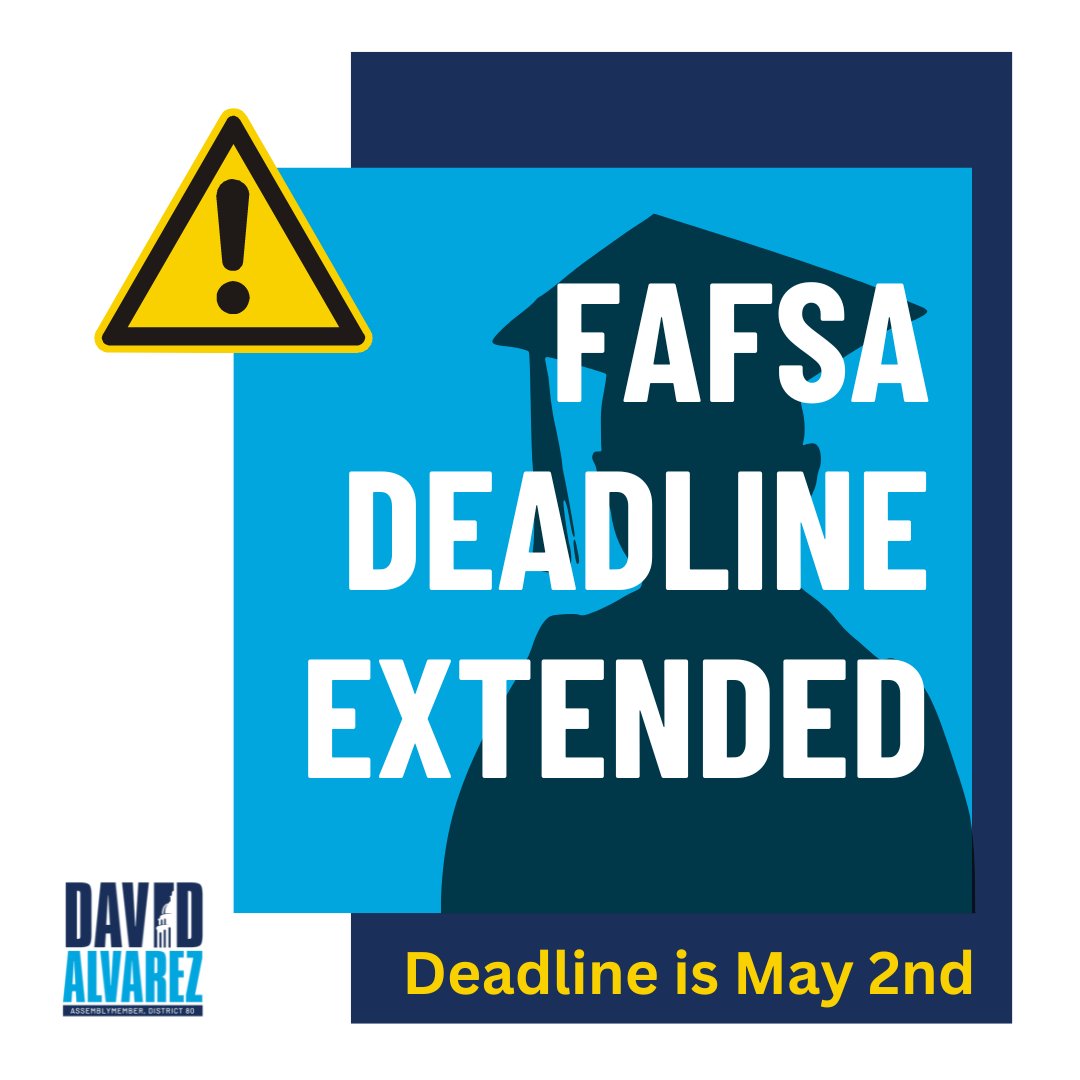 The deadline to apply for FAFSA is May 2nd! This also includes the CalGrant and the Middle Class Scholarship. Don't miss out on your chance to secure financial aid for college! studentaid.gov/h/apply-for-ai…. #FAFSA #FinancialAid