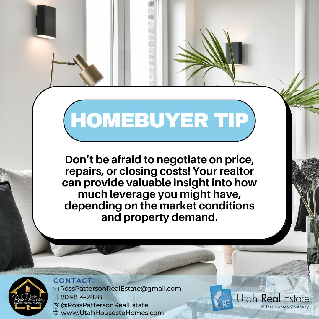 Homebuyers, negotiation is your power tool. Don't shy away from discussing price, repairs, or closing costs. Let’s chat!  #FarmingInvestingHomes #RealEstateFarmingInvest #ExploreUtah #VisitUtah #UtahPropertyMarket #UTRealEstate