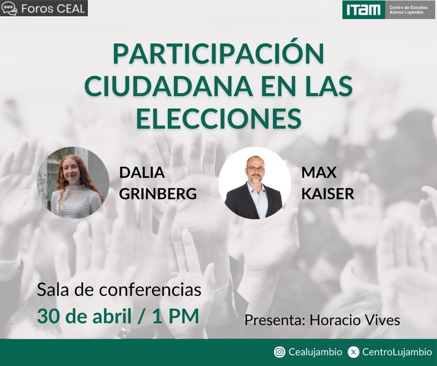 #CEAL | Participación ciudadana en elecciones

Te invitamos a la conferencia sobre la relevancia de la participación ciudadana en las próximas elecciones en nuestro país. Con Dalia Grinberg & Max Kaiser

📅 Hoy, 30 de abril
🕐13:00 h
📍Sala de Maestros, planta baja