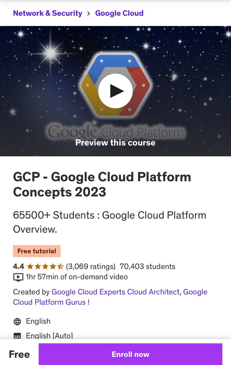 Free Course : GCP - Google Cloud Platform Concepts (2 Hours) Let’s start learning GCP from scratch 👇 udemy.com/course/gcp-goo…