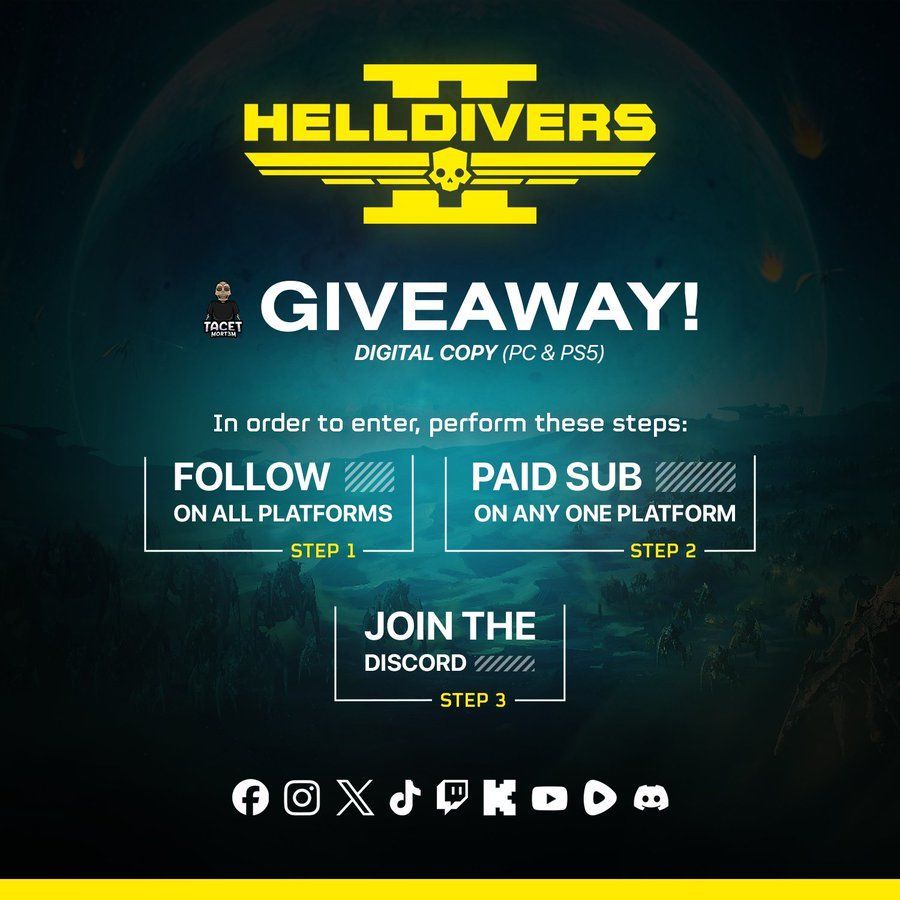 'Get set for the #Giveaway!💥 Win a free copy of Helldivers 2 or equivalent!🎉 Steps:
1️⃣ Follow us everywhere
2️⃣ Sub on any platform
3️⃣ Join our Discord
Winner on 27th each month!🥳 #ContestTime #GamersUnite' buff.ly/44hXk6K