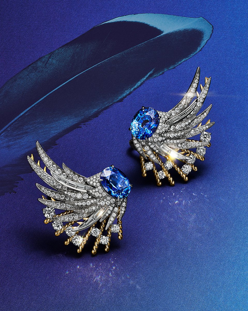 The Wings earrings from Blue Book 2024: Tiffany Céleste are crafted in platinum and 18k yellow gold and feature an unenhanced esteemed Sri Lankan sapphire of over 4 carats, an unenhanced sapphire of over 4 carats, each accented by ethereal diamond wings: tiffany.com/high-jewelry/b…
