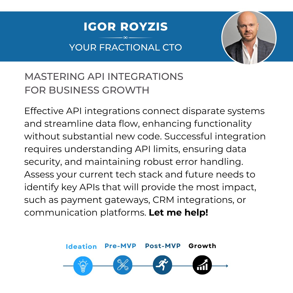 Mastering API Integrations for Business Growth

Schedule your free consultation with me by clicking the link below! calendly.com/iroyzis/30min

#FractionalCTO #Startups, #Technology, #CTO, #TechLeadership, #StartupGrowth