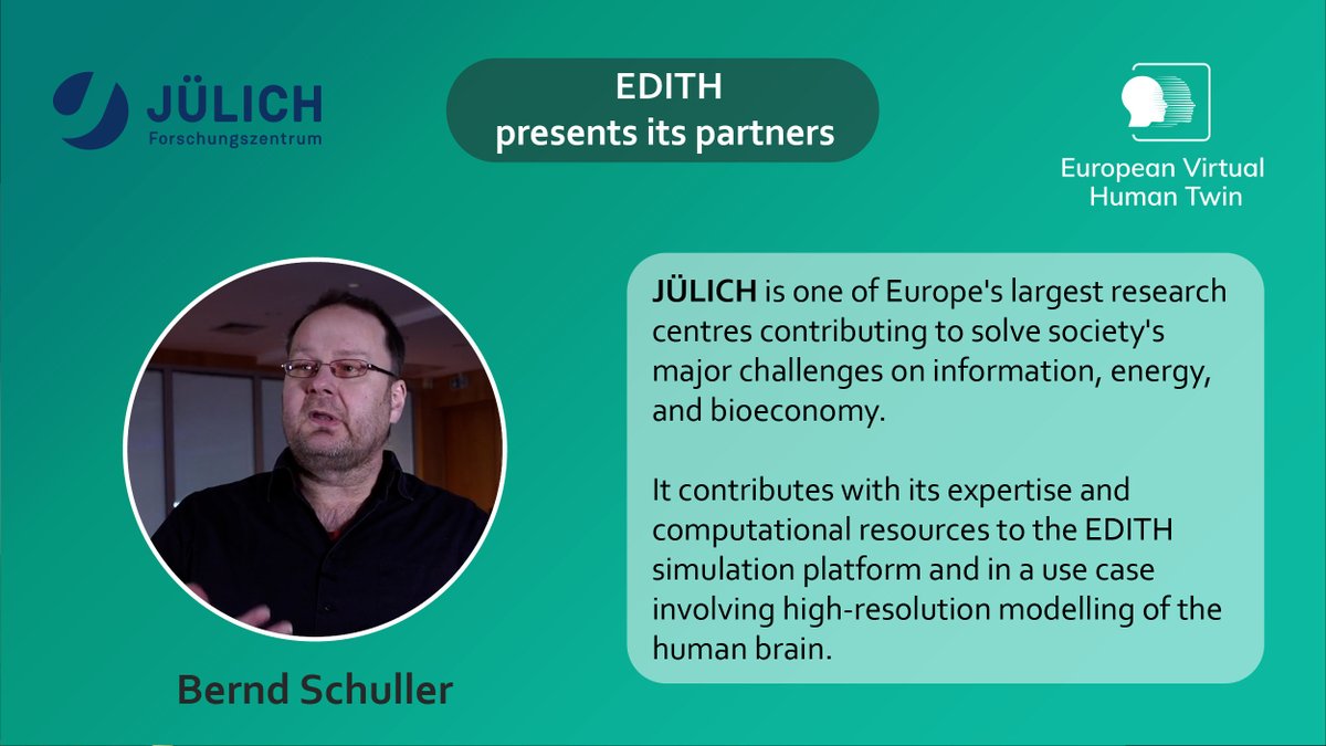 EDITH presents its partners.
@fz_juelich 
#horizoneurope #virtualtwins #insilicomedicine #data #science #AI
