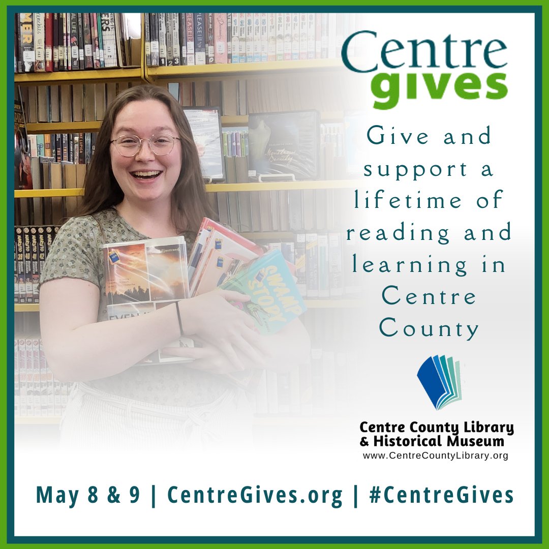 CentreCoLibrary's tweet photo. #CentreGives is happening next week! Give on https://t.co/h9zbDtKl3L and support your favorite nonprofits in Centre County, May 8-9. Consider giving to us during the #PowerHour on May 8th from 7-8 PM. If we get the most unique donors at that time, we will earn a $500 prize! https://t.co/UhQvVIdJSS
