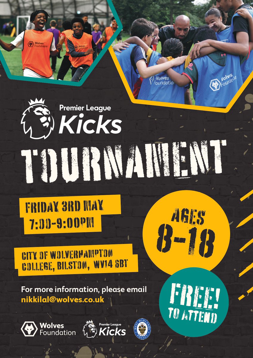 ⚽️ #PLKicks Tournament 👊

📅 Friday 3rd May
⏰ 19:00 - 21:00
📍 @wolvcoll, Bilston

📩 nikkilal@wolves.co.uk