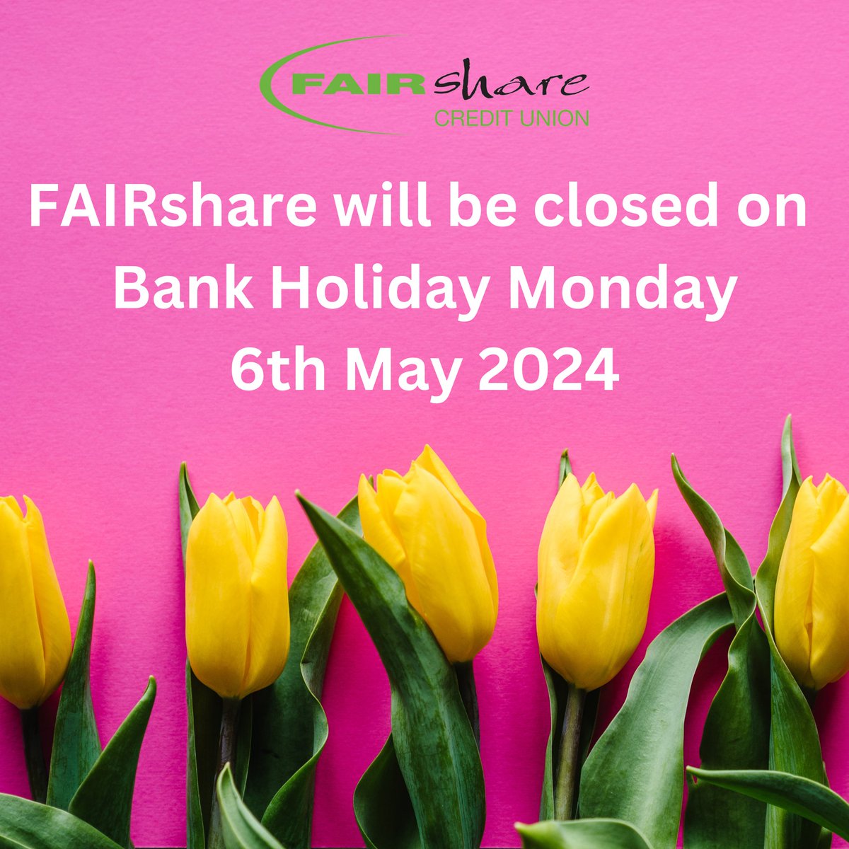 Enjoy the Bank Holiday! ☀️Our online services remain open fairshare.uk.com 😀Our branch at Southwater @TelfordCentre will reopen on Tuesday 2pm to 4pm.