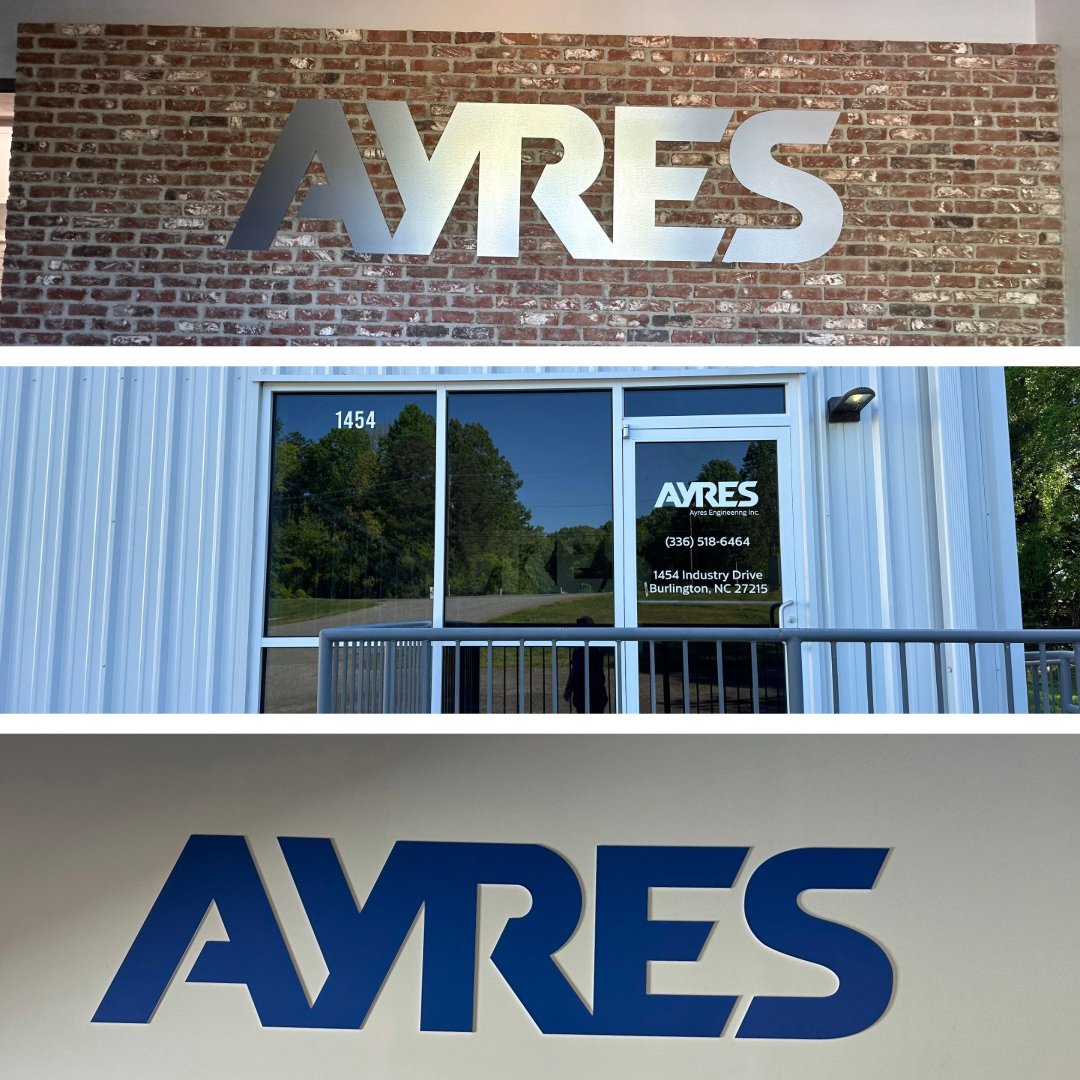 🚀 Just wrapped up a standout installation for Ayres Engineering Inc.! 🌟 Featuring custom-cut PVC, vinyl, and brushed aluminum letters in their brand colors, our signs not only reflect their identity but also their precision engineering. #Branding #CustomSignage #BrandConnect