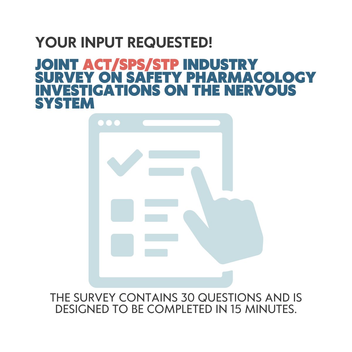 Participate in the Joint ACT/SPS/STP Industry Survey on Safety Pharmacology Investigations on the Nervous System🧠We aim to identify current industry practices as they relate to central, peripheral, and autonomic nervous system drug safety testing 🔗ow.ly/njzM50Rrmcf