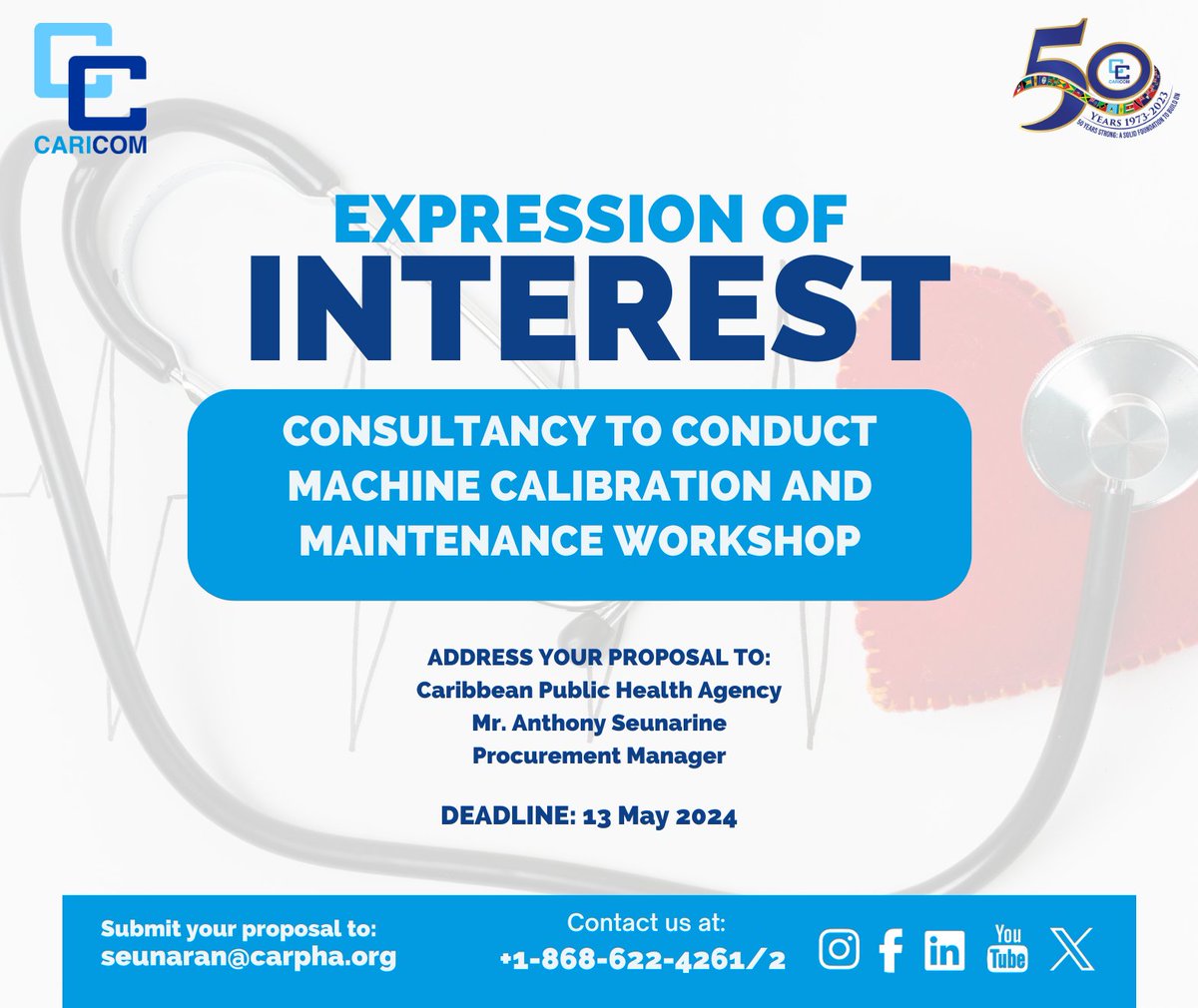 #OPPORTUNITY 💼#CARICOM nationals are invited to submit expressions of interest 🔍Consultancy to Conduct Machine Calibration and Maintenance Workshop 🏢CARPHA 🇹🇹 ✉️ Send EOIs to seunaran@carpha.org 📅 Deadline: 13 May 2024