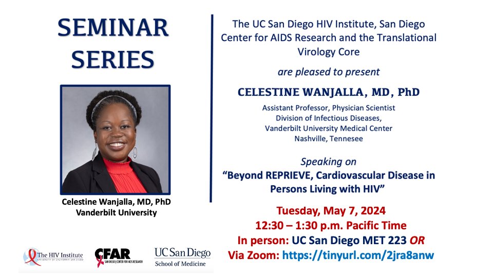 RSVP now to attend this hybrid seminar in person on uesday, May 7, 12:30 pm PDT! @CWanjallaMDPhD of @VanderbiltU will be speaking on #cardiovascular disease in #PWH. ow.ly/MGiz50RruvU. Or join by Zoom: ow.ly/qha950RruvT.