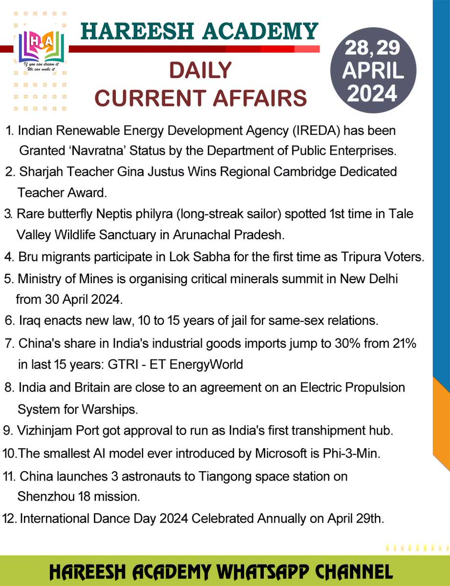 Here 👇 is the important Current Affairs of 29th April, 2024. #CurrentAffairs #DailyCurrentAffairs #UPSC #TSPSC #APPSC #KPSC #RPSC #GPSC #TNPSC #NPSC #MPPSC #UPPSC #GS #GK #DAILYCA