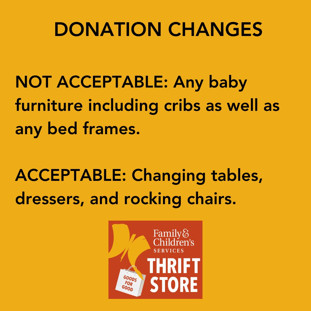 🔔 Heads up, everyone! We've got some crucial news for you about our donation pickups. 🚚⏰ There are also a few adjustments in our donation policy. 🚫👶🛏️ Your understanding and cooperation with these changes are greatly appreciated. #FCSThrift #donations #retail #FCS