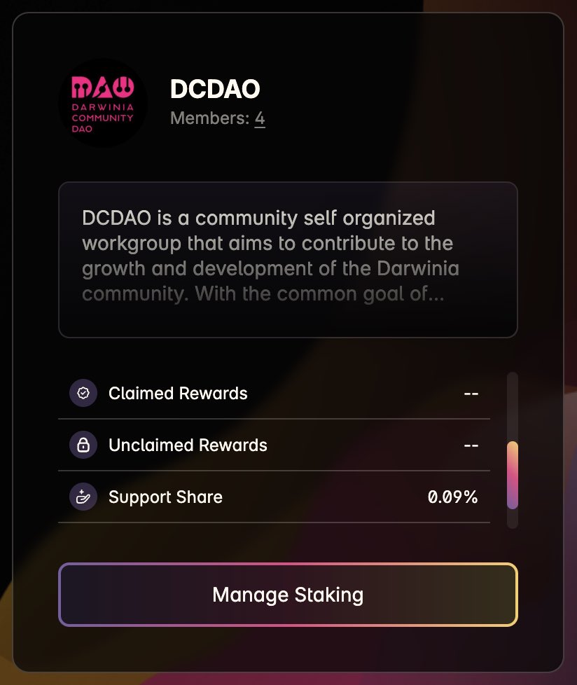 🚨 New DAO Launching on InvArch 🚨 Say hello to @Official_DCDAO - a community-driven workgroup focused on the growth & development of the @DarwiniaNetwork! 👉 Stake $VARCH to support them by visiting: portal.invarch.network/staking 🥩