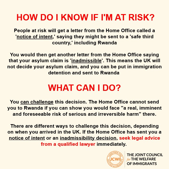 JCWI_UK's tweet photo. 🚨Reports indicate the Home Office is detaining asylum seekers with plans to send them to Rwanda. 

While only a few will be sent due to limited capacity, there's still a risk for many.

Read our explainer on who's at risk and how can you receive help 👇🏽 https://t.co/rWyV6DLYeT