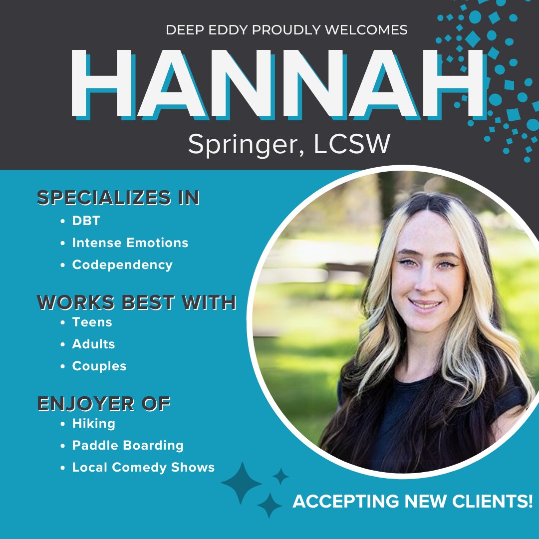 DEPsychotherapy's tweet photo. Our incredible community continues to grow! We are thrilled to welcome Hannah Springer, LCSW, to Deep Eddy. If you enjoy the outdoors, comedy, or post-apocalyptic TV shows, Hannah speaks your language. Learn more or book your first session at: 

https://t.co/0dV8SRx45v https://t.co/tJ1e7ODvQ4