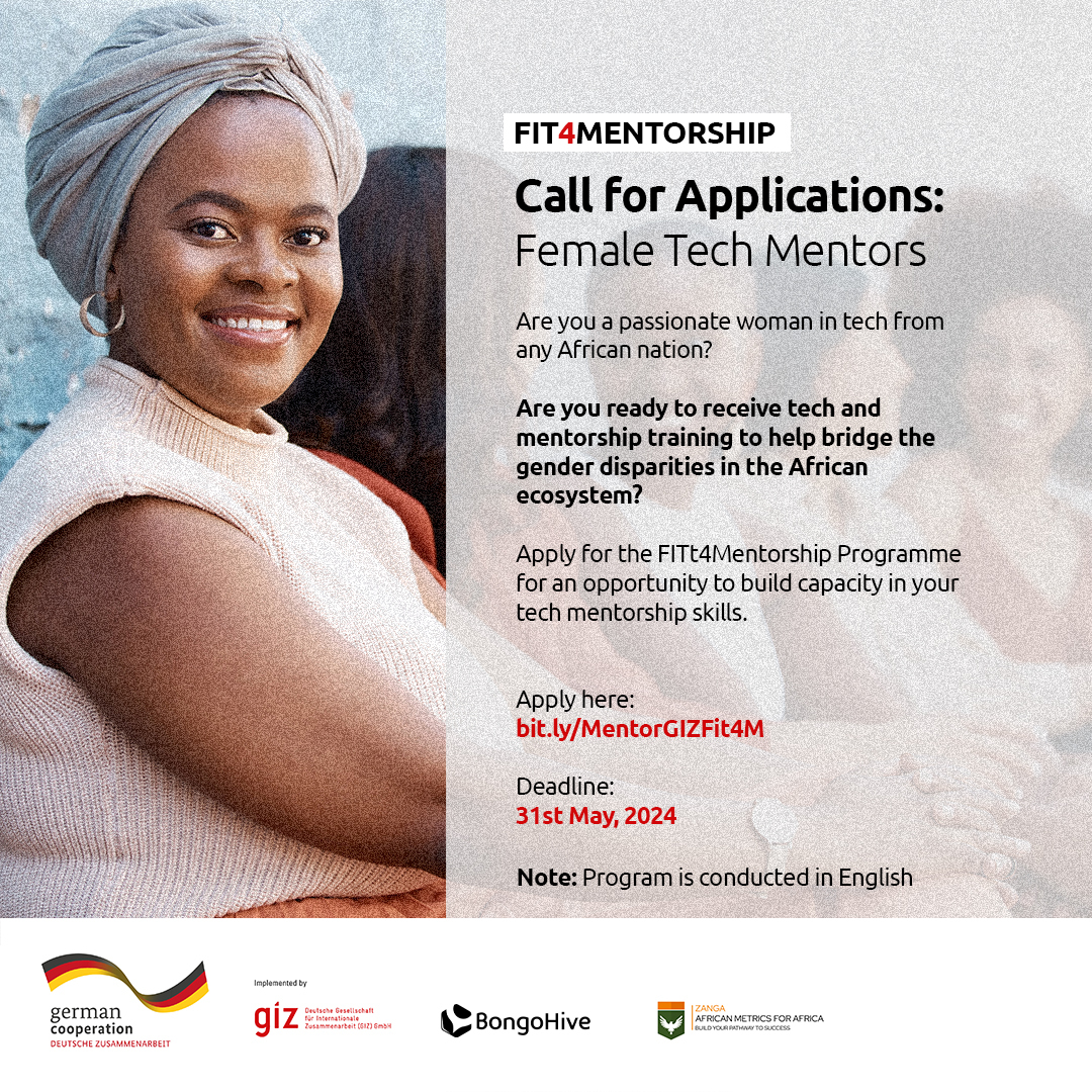 CALL FOR APPLICATIONS: FIT4Mentorship Calling all women in Tech across Africa🌍🔊👩‍💻 Join a network of fellow women across the continent through an immersive mentorship journey to equip you with tech mentorship skills. Apply: bit.ly/MentorGIZFit4M Deadline: May 31st, 2024.