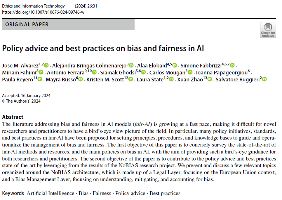 NoBIAS ITN Project (@nobias_itn) on Twitter photo 🚨 New journal paper 🚨
Our <a href="/NoBIAS_ITN/">NoBIAS ITN Project</a> ESRs present an updated and comprehensive introduction to the field of fair ML (including open issues and key takeaways for EU policy) summarizing the four years of research of this project 👀👇
🗞️: link.springer.com/article/10.100… 🚨 New journal paper 🚨
Our <a href="/NoBIAS_ITN/">NoBIAS ITN Project</a> ESRs present an updated and comprehensive introduction to the field of fair ML (including open issues and key takeaways for EU policy) summarizing the four years of research of this project 👀👇
🗞️: link.springer.com/article/10.100…