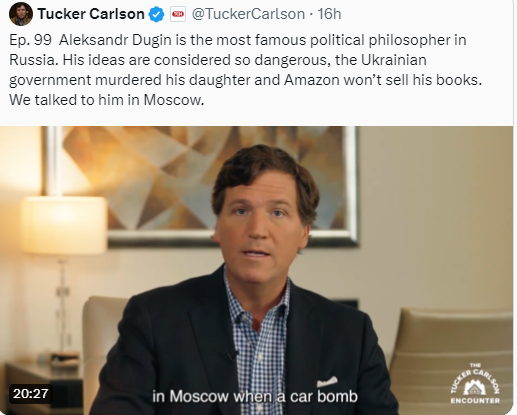 Dugin's influence is blown out of proportion. It's because people like tucker live in their fantasies of an esoteric Russia filled with bearded ascetics. Dugin is a Bolshevik nationalist fascist who wants nothing more than the demise of the US. tucker's platforming this dude.