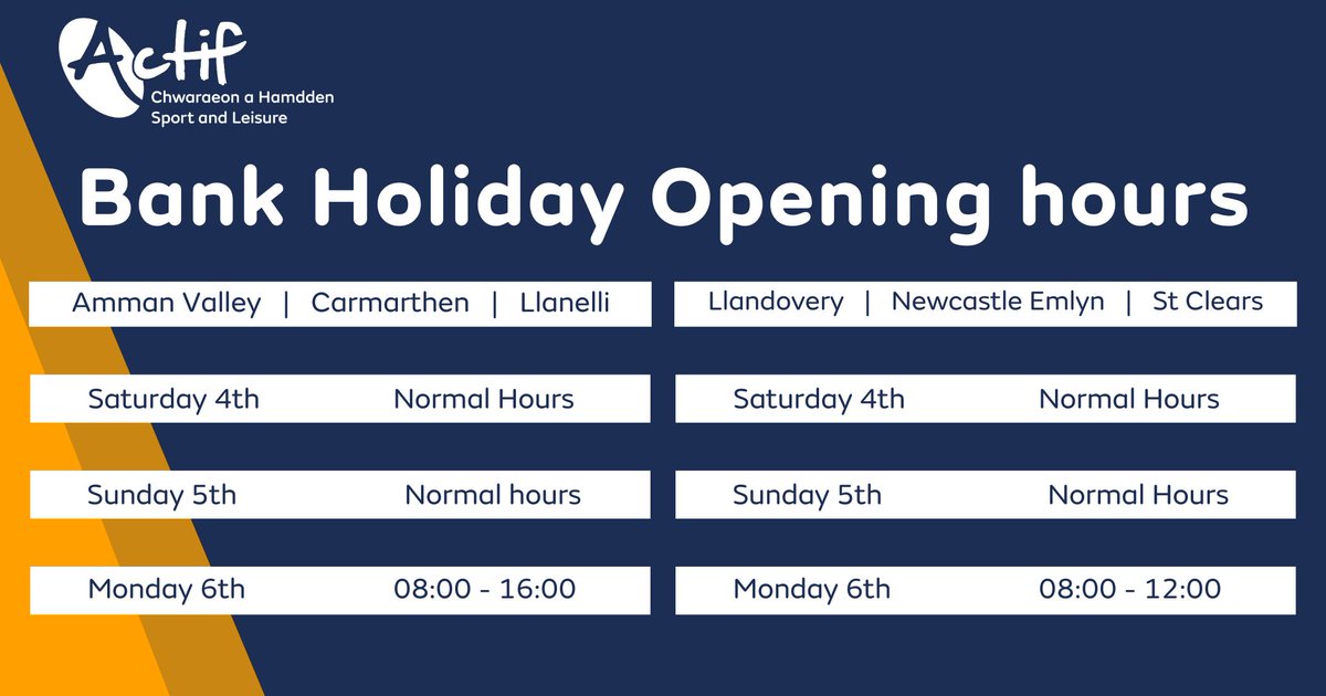 Bank Holiday Centre Opening Hours, during the month of May:

🔸 Amman Valley – Carmarthen – Llanelli Leisure Centres
Open between 08:00 - 16:00 on 6th & 27th May

🔸 Llandovery – Newcastle Emlyn – St Clears Leisure Centres
Open between 08:00 - 12:00 on 6th & 27th May