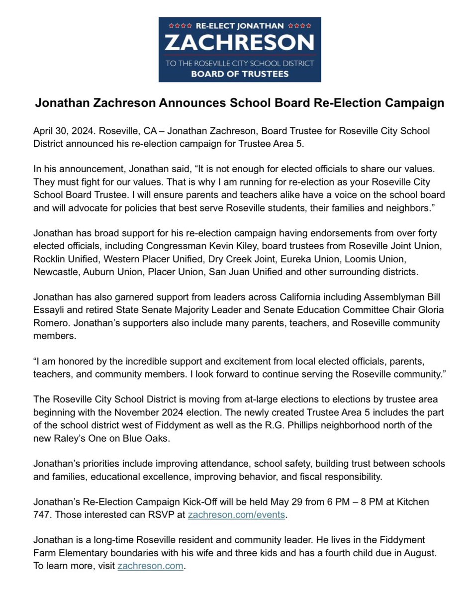 📣 Big news! 📣 I’m officially announcing my re-election campaign to the Roseville City School Board, Trustee Area 5. I’m honored to have the support of @KevinKileyCA, @billessayli, @GloriaJRomero, and others. I look forward to continue serving the Roseville community.