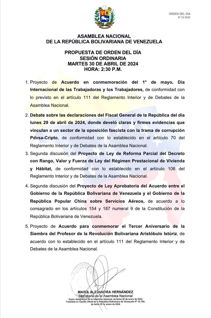 🏛 | PROPUESTA DE ORDEN DEL DÍA Martes #30Abr 02:30 pm #AsambleaNacional 🇻🇪 #SesiónOrdinaria