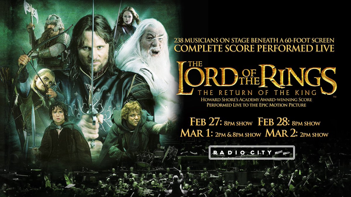 JUST ANNOUNCED: The Lord of the Rings: The Return of the King, In Concert, will be presented live at Radio City on Feb 27 & 28 and March 1 & 2! Access presale tickets this Wed, May 1 at 10am with code SOCIAL. Tickets go on sale to the general public this Fri, May 3 at 10am.