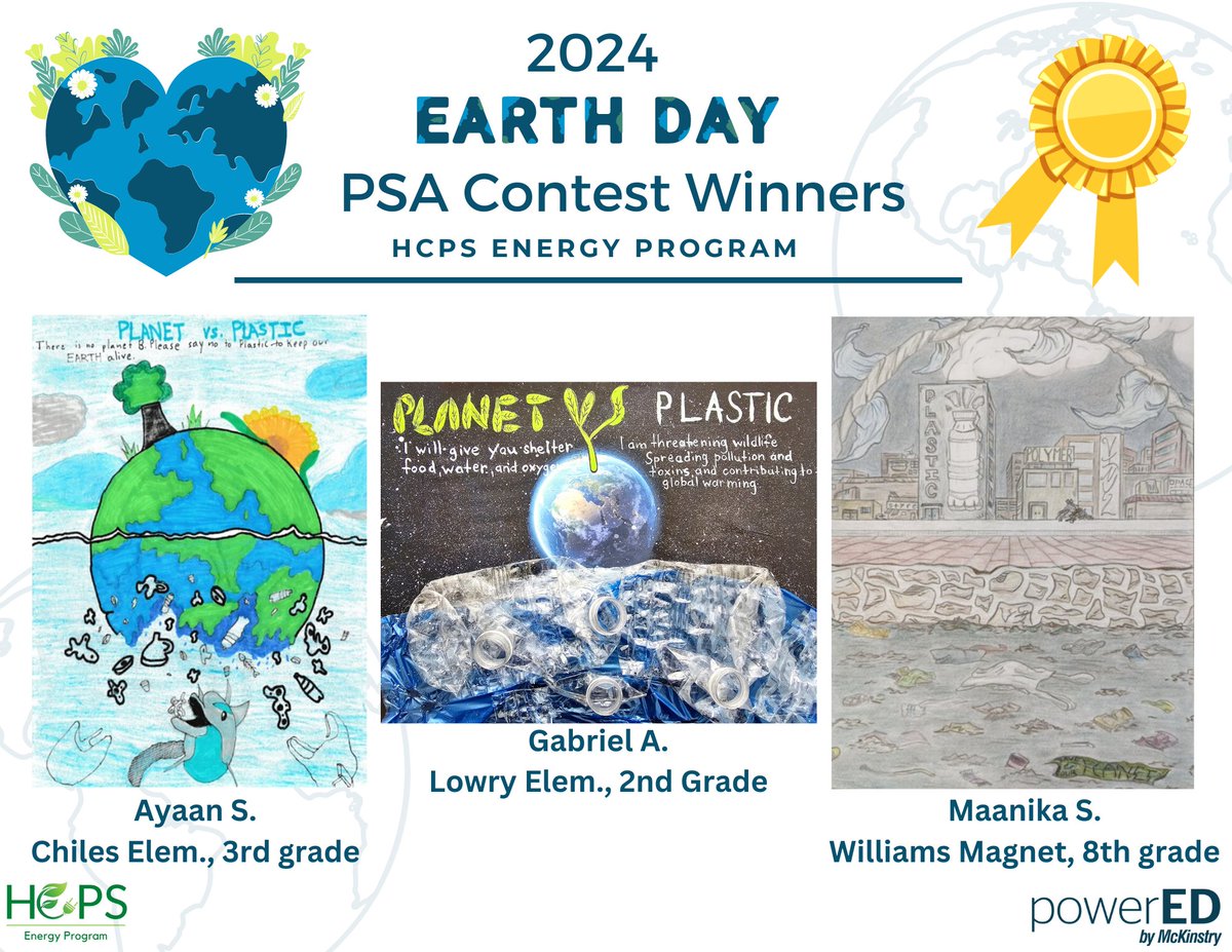 Congratulations to our 2024 Earth Day PSA Contest winners! 🎉🌎🎨 Check out their incredible artwork below. 

- Ayaan S. from @ChilesElem 
- Gabriel A. from @LowryElementary 
- Maanika S. from @WilliamsIBMYP 

@lifeatmckinstry