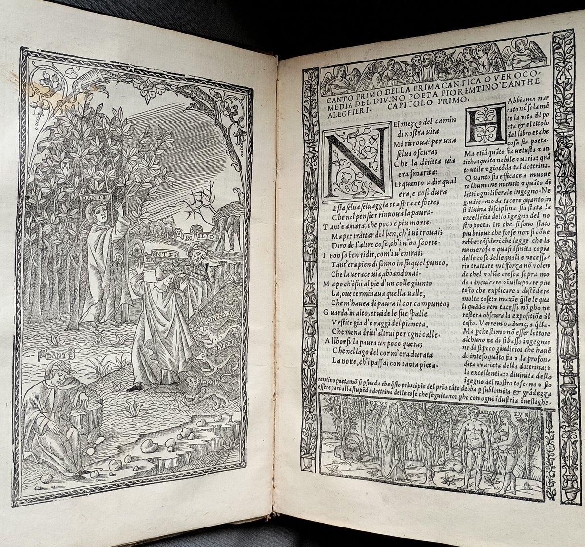 Woodcut of Dante's first meeting with Virgil & on the facing page Inferno Canto I, from our 1520 edition of Commedia printed in Venice.