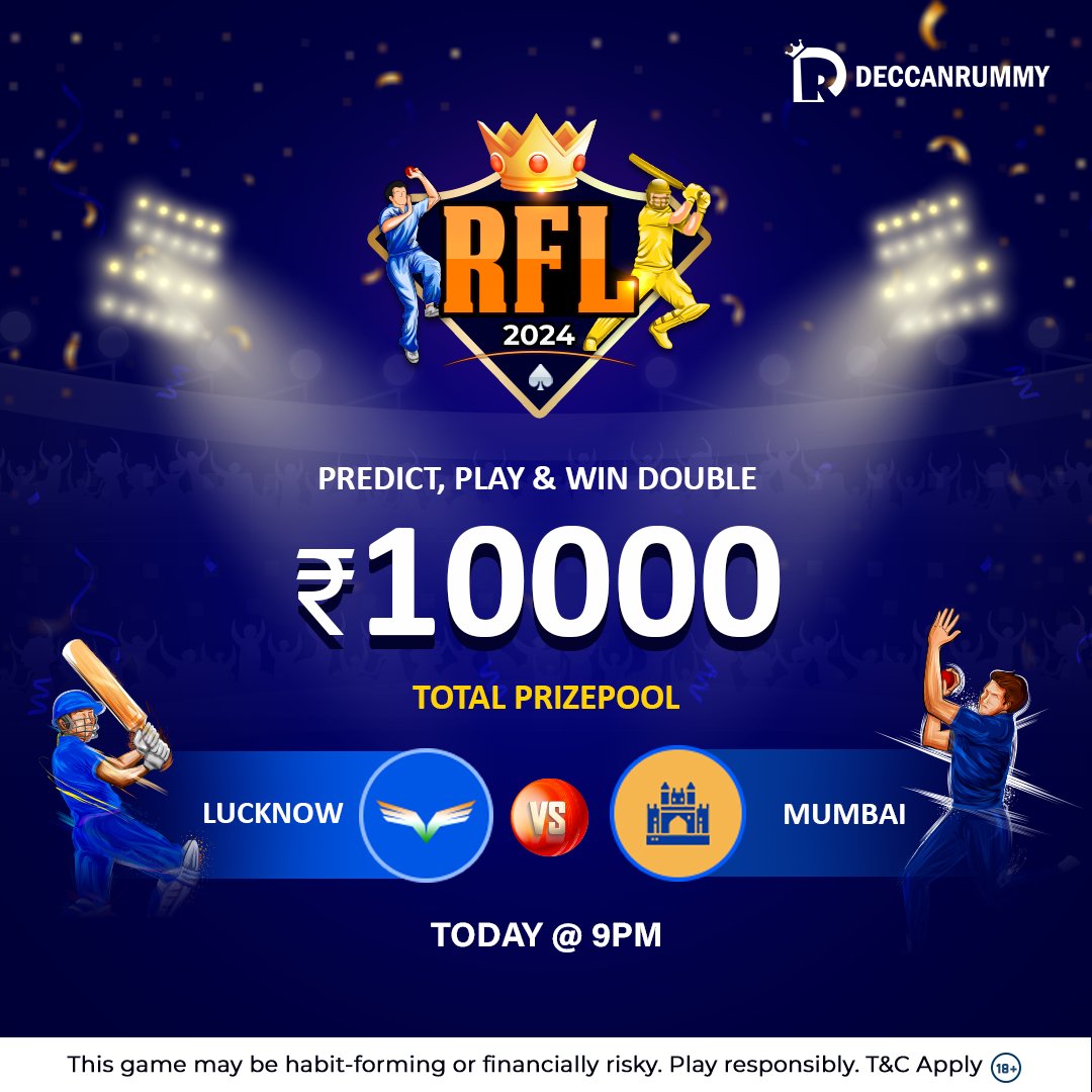 RFL brings you an exciting opportunity to win big! Predict the winner of the upcoming Mumbai vs Lucknow match and stand a chance to double your prize pool of Rs. 10000! Register now to participate and increase your chances of winning big!
#Deccanrummy #RFL #mumbaivslucknow #Rummy