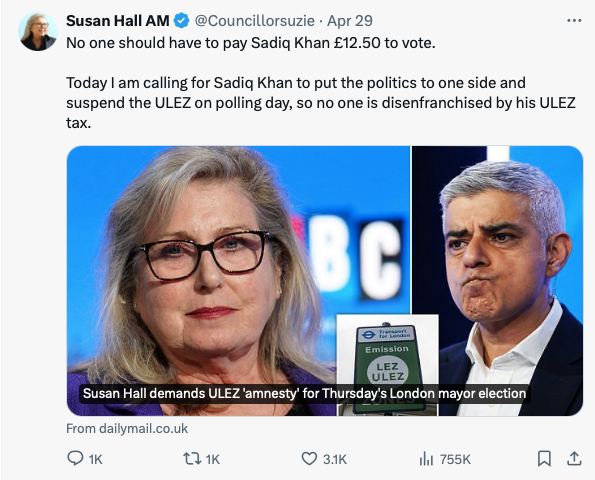A. Most polling stations are within walking distance of any address. B. Why is Susan Halli demanding a freebie for polluting motorists but no freebies for non-polluting e-car drivers or cyclists? Or free bus tickets?