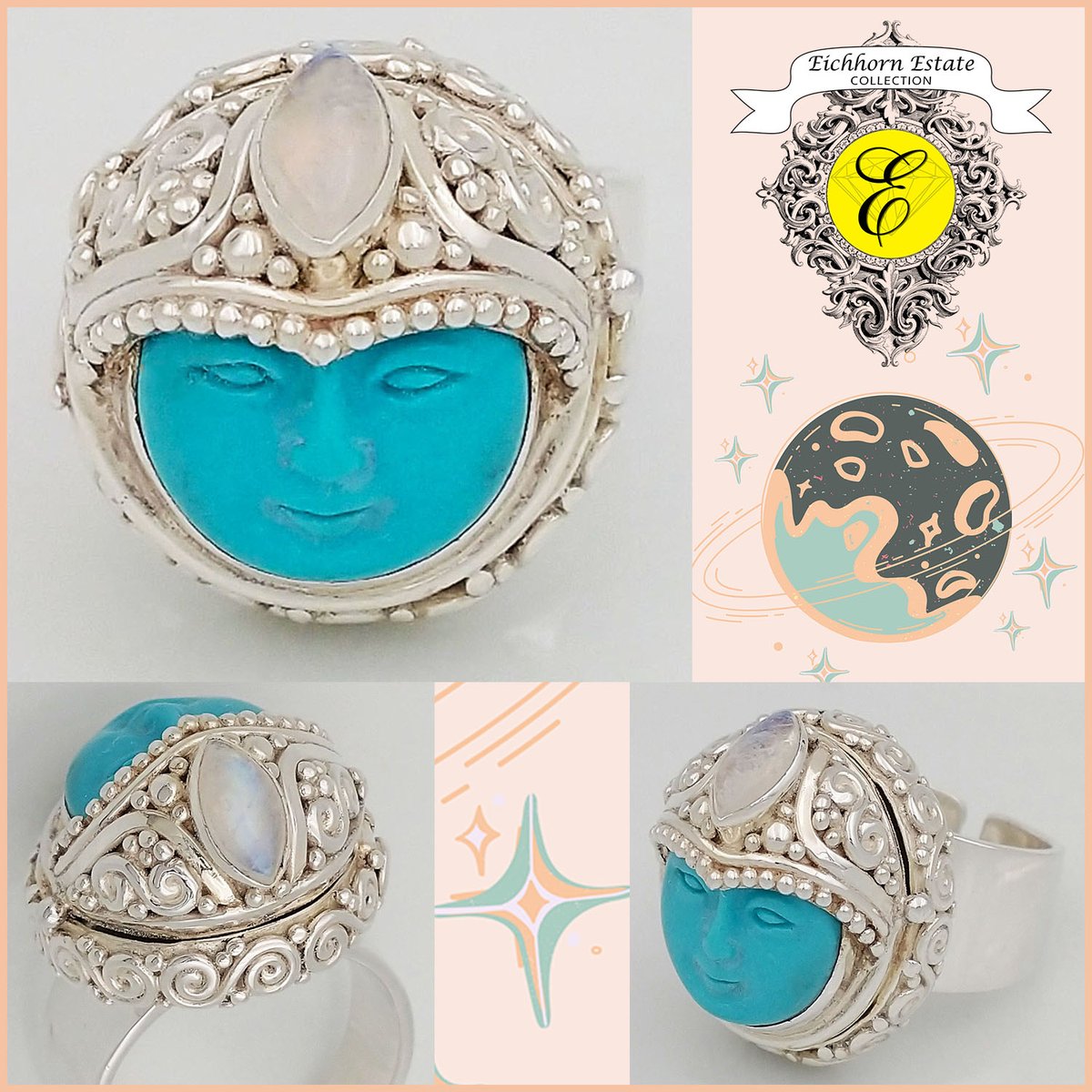 For the gal who likes the mystical, unique, curious, artsy, or unusual. Sterling silver Open Shank Ring with a treated Turquoise Carved Face and Moonstone, finger size 9. From Our Estate Collection $170. eichhornjewelry.com/estate-collect… #estatejewelry #turquoisejewelry #moonstonejewelry