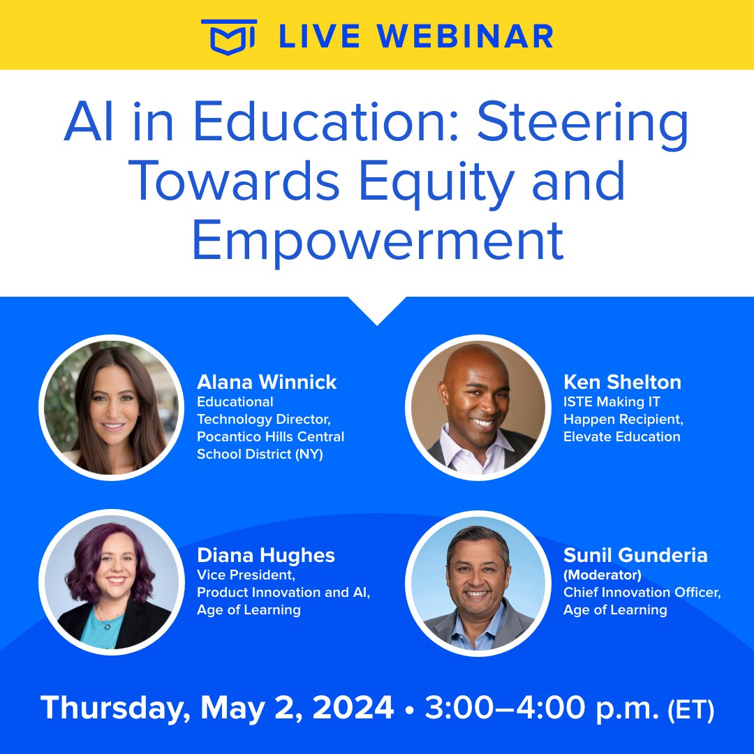 Don't miss out on this @edwebnet webinar with expert panelists @AlanaWinnick, @k_shelton, Diana Hughes, moderated by Sunil Gunderia (@DigitalMasala). Register today! #AI 🗓 Thursday, May 2, 2024 🕰 12:00 pm PT - 1:00 pm PT / 3:00 pm ET - 4:00 pm ET 🔗 bit.ly/4bg5PS6