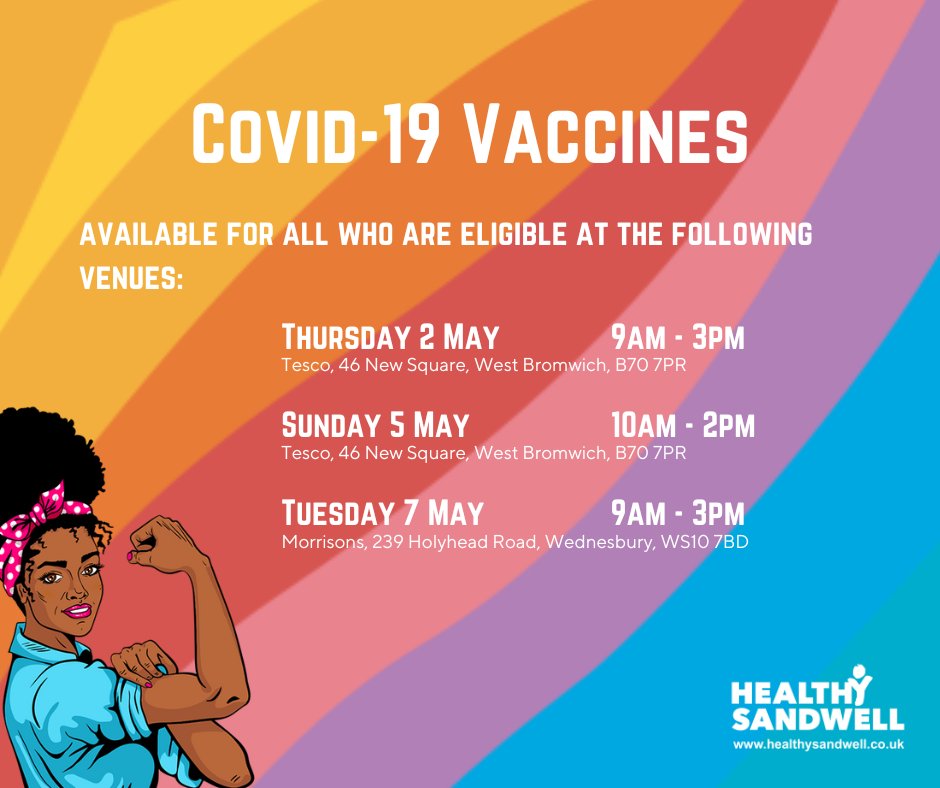 Covid-19 vaccines will be available across a range of venues for those who are eligible! You can find out more information about eligibility here: healthysandwell.co.uk/clinics/