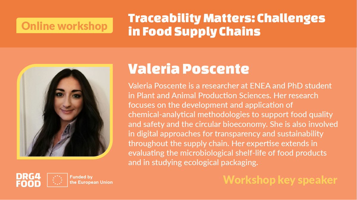 We are excited to announce Valeria Poscente, a researcher at @ENEAOfficial & PhD student specialising in food quality and safety through digital tech, as a speaker at our upcoming #DRG4FOOD workshop on #FoodTraceability! Register to reserve your spot! 🔗 drg4food.eu/drg4food-event…