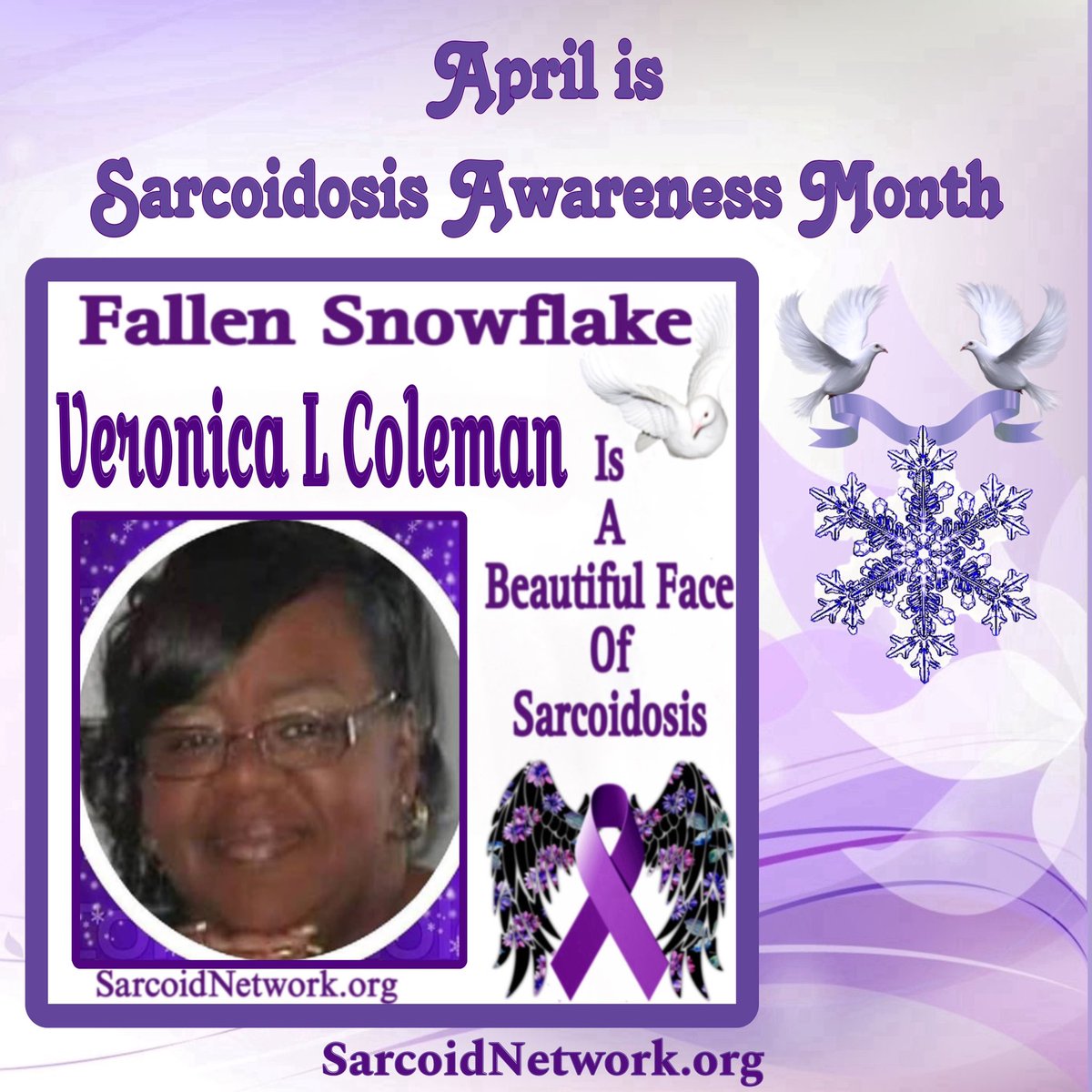 This is our Sarcoidosis Sister Fallen Snowflake Veronica L Coleman and she is a Beautiful Face of Sarcoidosis!💜 #Sarcoidosis #raredisease #preciousmemories #patientadvocate #sarcoidosisadvocate #beautifulfacesofsarcoidosis #sarcoidosisawarenessmonth