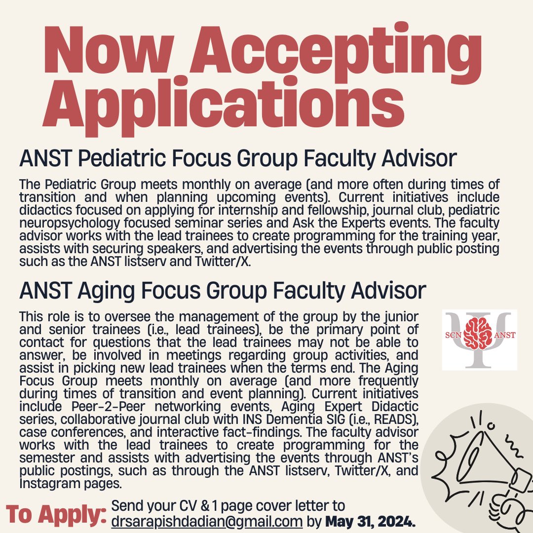 🚨Wow ANOTHER Call for Applications! Our @ANSTAgingGroup & @AnstPeds Focus Groups are both looking for new FACULTY ADVISORS! See graphics for details about two fabulous service opportunities! 

#NeuropsychTwitter @APADivision40 @Div40ECNPC