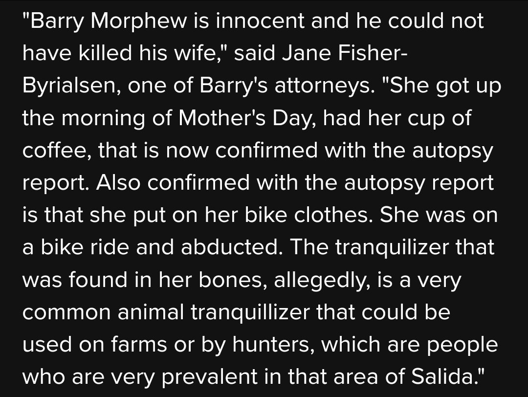 Oh here we go #BarryMorphew attorney says he's innocent because #SuzanneMorphew had a cup of coffee and put on bike clothes which somehow proves she went on a bike ride and was abducted. Does that really prove anything? 🤔