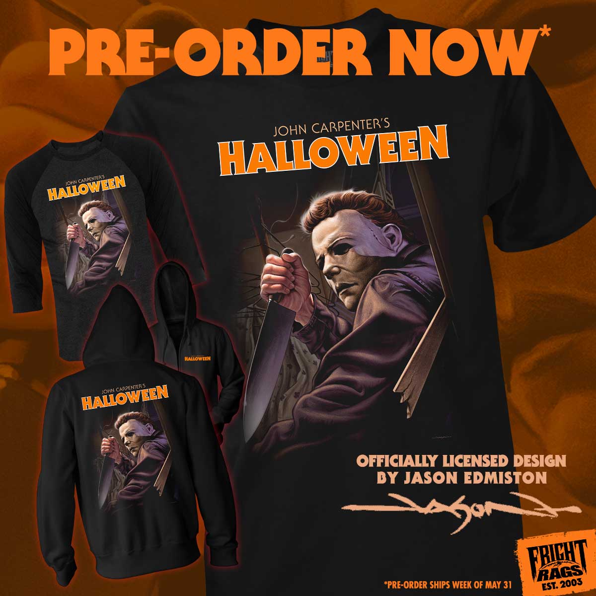 🎃🔪 HALLOWEEN shirts featuring Jason Edmiston's orange-tinted variant design are now available to pre-order on super-soft black t-shirts, retro baseball tees & cozy zippered hoodies. 👉 SHOP: bit.ly/3WqGm4h