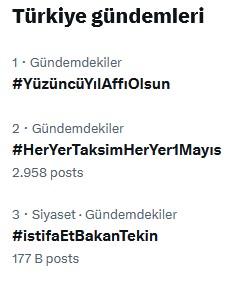 #HerYerTaksimHerYer1Mayıs Türkiye gündeminde 2. sıradayız. Bugün ve yarın #1Mayıs'a dair tüm gelişmeleri bu hashtag altında birleştiriyoruz!