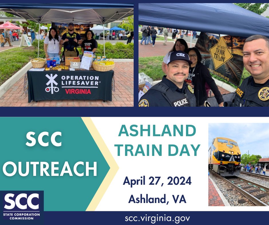 SCC #outreach folks were exhibitors at Ashland Train Day. Thousands of people attended the annual street festival #railroad event, which included train rides, exhibits, food, Mexican Children Day celebration & more. scc.virginia.gov/pages/Utility-… oli.org #railsafety