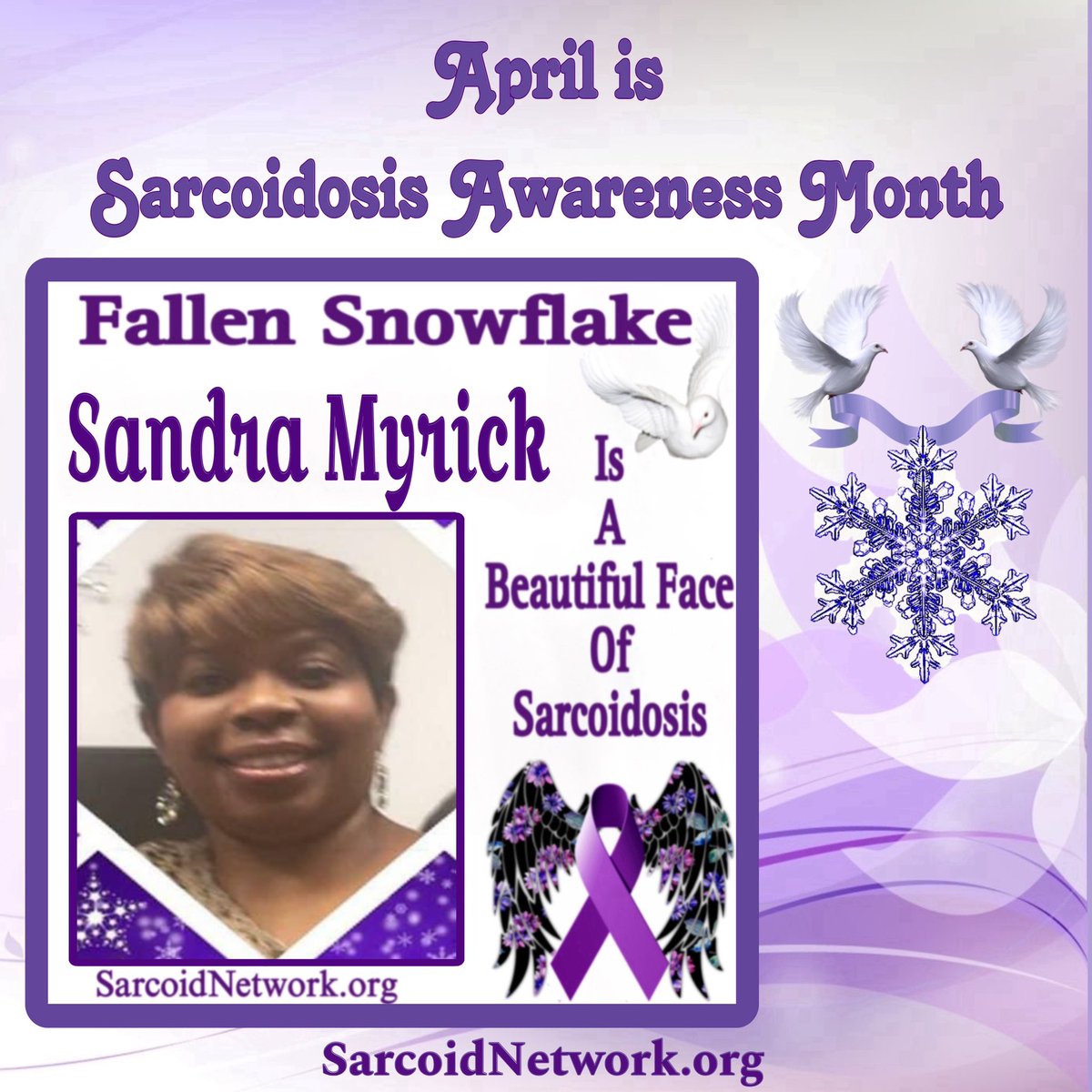 This is our Sarcoidosis Sister Fallen Snowflake Sandra Myrick and she is a Beautiful Face of Sarcoidosis!💜 #Sarcoidosis #raredisease #preciousmemories #patientadvocate #sarcoidosisadvocate #beautifulfacesofsarcoidosis #sarcoidosisawarenessmonth