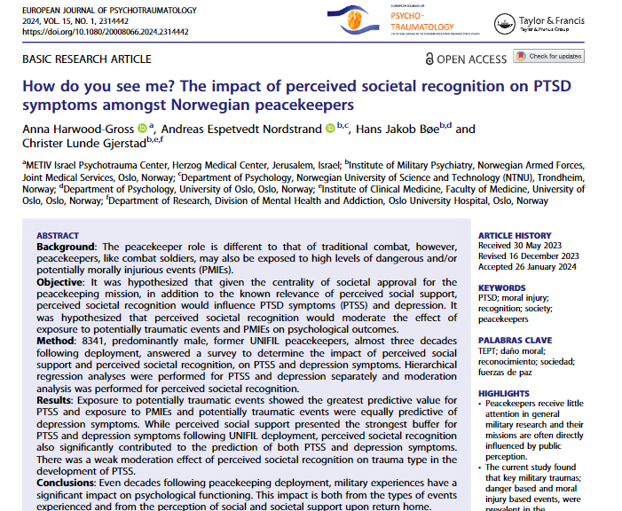 ISRpsychologist's tweet photo. 1/3 Scary period to publish research on military psych but excited that our latest collab between METIV Israel Psychotrauma Center and Norwegian military psychs has just gone to press. 
In short, we demonstrated that even 30 years following service, recognition matters @ESTSSnews https://t.co/7tGSq3xMuG