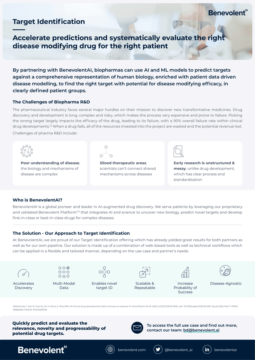 benevolent_ai's tweet photo. At BenevolentAI, we’re proud of our Target Identification offering. It has yielded great results for partners, as well as for our own pipeline. 

🎯 Quickly predict and evaluate the relevance, novelty and progressability of potential drug targets. 

#AI #TargetIdentification https://t.co/TPxW4PiVaR