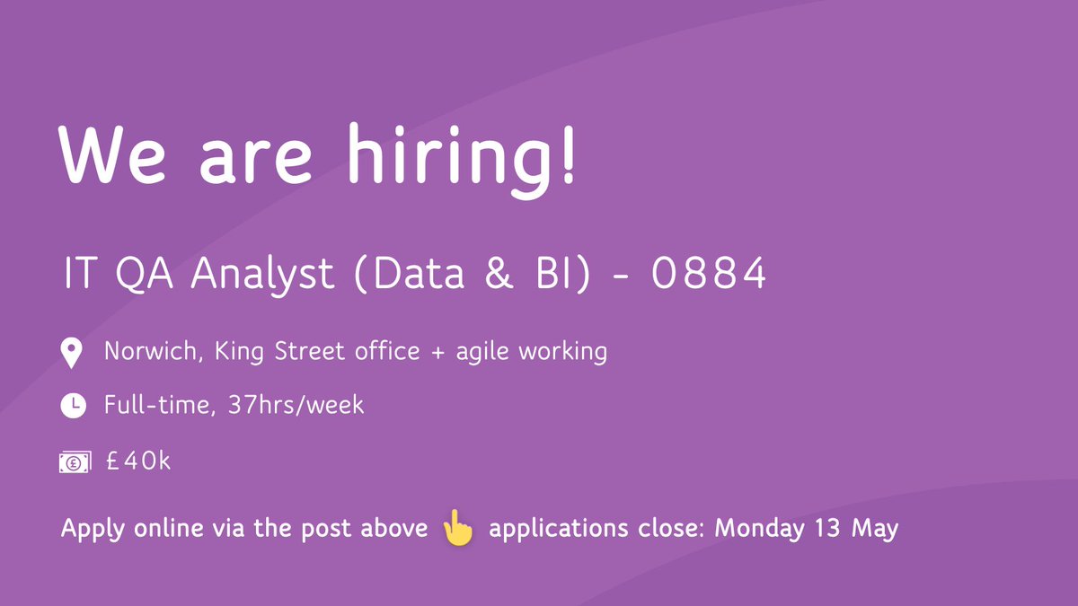 Now #hiring for an #IT #QA #Analyst specialising in #Data & #BI to join our IT team 👇 Ref: 0884 🕔 37hrs/week, Mon-Fri | 💷 £40k | 📅 deadline 13 May | 📍 #Norwich, King Street office + agile working | 🔗 ce0636li.webitrent.com/ce0636li_webre… #FlagshipGroup #newjob #nowhiring #careermove