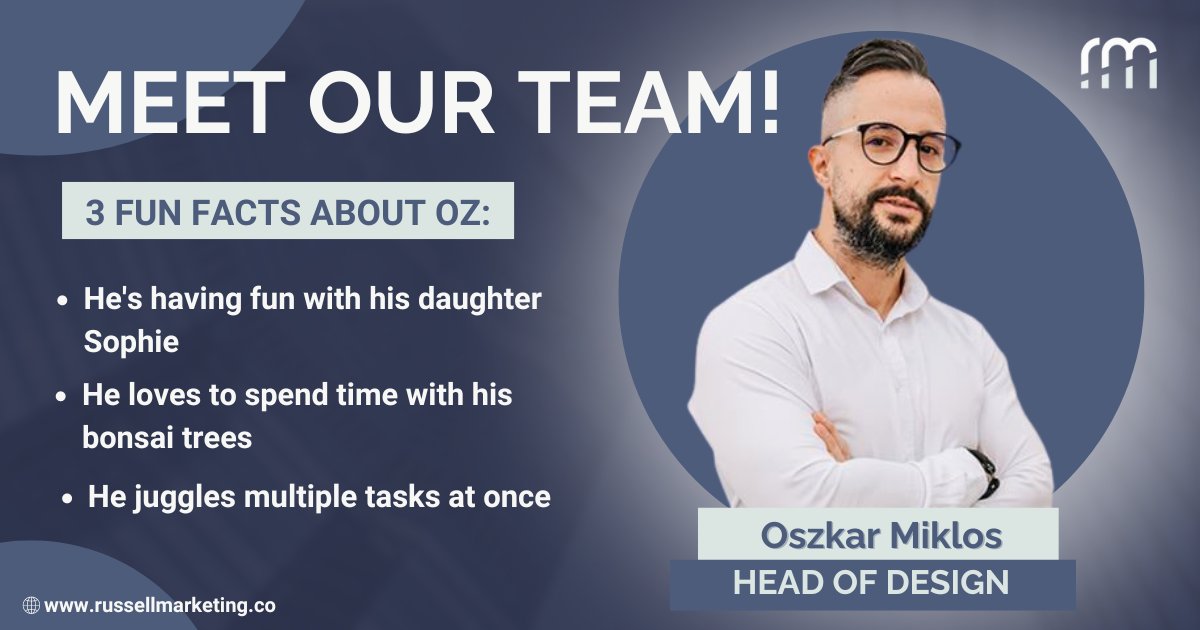 Meet the Members of Russell Marketing! 🚀

Oszkar Miklos is our Creative Director. 💕

Read the thread to get to know Oszkar with our fast Q&A!

Visit our website to see the rest of our team!
🌐 russellmarketing.co/#team 

#russellmarketing #meettheteam #ourteam #teamintroduction