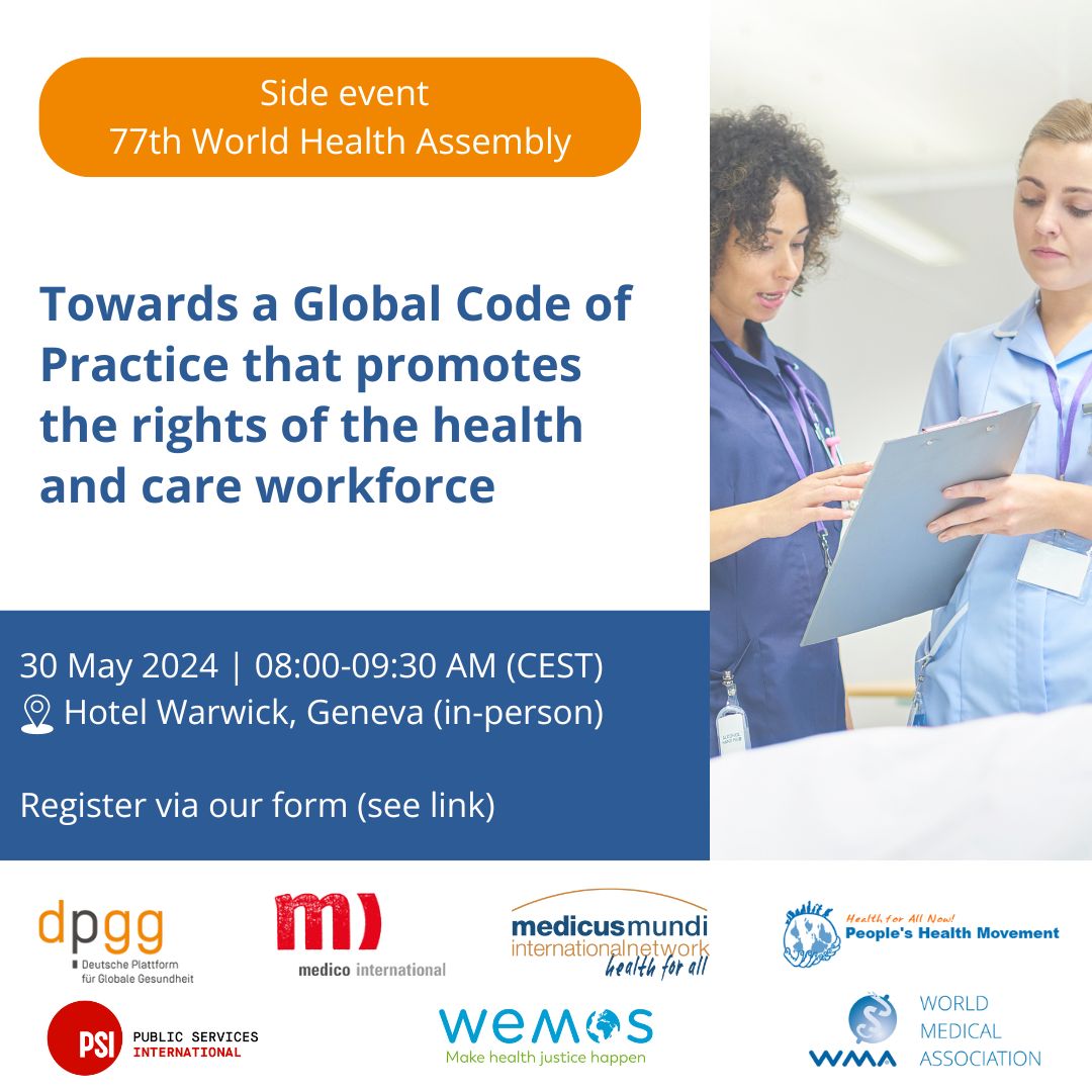 How can the WHO Code of Practice become an effective instrument? Join our #WHA77 breakfast session on 30 May to discuss.

We will also explore migrant health workers' stories & the reality of access to healthcare.

🖊️Info & registration: medicusmundi.org/wha77sideevent/

#healthworkforce